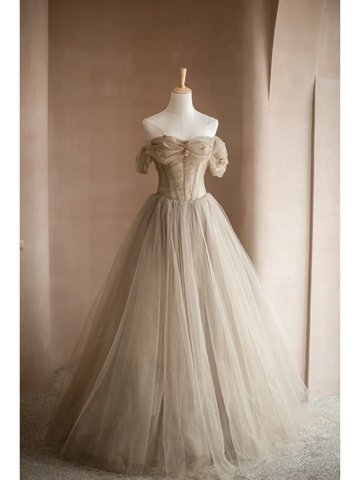 Light Camel A Line Off the Shoulder Floral Tulle Long Party Dress Prom Dress Formal Dress HZ1023